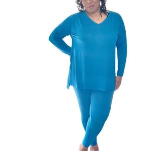 Plus Size Microfiber Long Sleeve Microfiber Top & Leggings Loungewear Set Teal